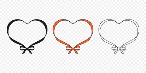 Heart Ribbon Frame Set, Vector Illustration. Decorative Bow Heart Shape. Romantic Ribbon Heart Outline. Valentine Love Symbol, Gift Decoration Element. Wedding Anniversary Holiday Design