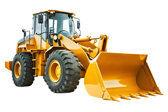 Heavy duty yellow front end loader construction vehicle with large bucket isolated on black background