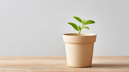 Fototapeta premium Minimalist shot of labeled pot with green plant, showcasing simplicity and tranquility in modern setting. soft colors and clean lines evoke sense of calm and nature