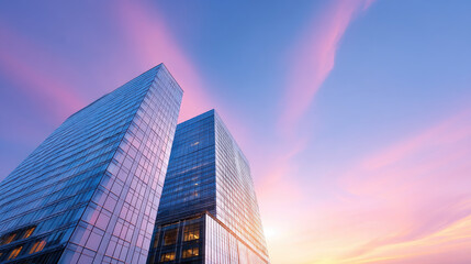 Fototapeta premium Modern glass towers reflect stunning crimson sunset, showcasing sleek architecture against vibrant sky. scene evokes sense of tranquility and beauty in urban design