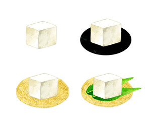 豆腐・冷奴のセット　和食・日本料理の手描き水彩イラスト素材