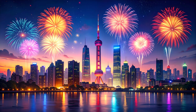 Colorful Fireworks Over City Skyline