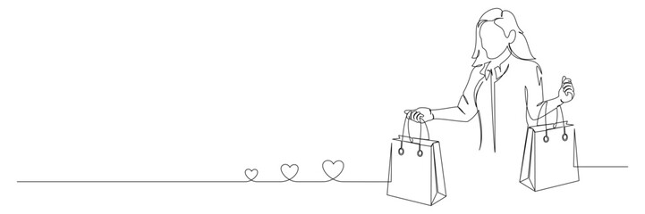 Fototapeta premium continuous line drawing of woman holding shopping bags, in minimal vector design illustration 3