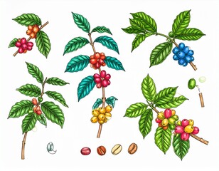 Hand drawn set of colorful coffee tree branches and beans. Vector illustration in 