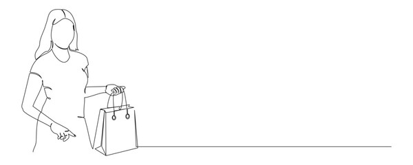 continuous line drawing of woman holding shopping bags, in minimal vector design illustration