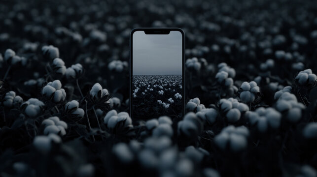 A smartphone stands amid snowlit flowers in a moody field, drawing focus to technology amid nature with cinematic, low light contrast and quiet presence.