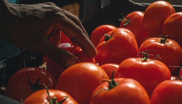 Cinematic close-up of a person carefully choosing ripe tomatoes in the grocery store, captured with dramatic lighting to highlight vibrant color, texture, and the mindful act of food selection