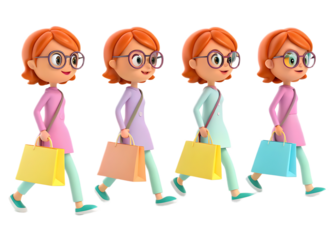 Four cartoon women walking with shopping bags wearing glasses and colorful pastel outfits in a row