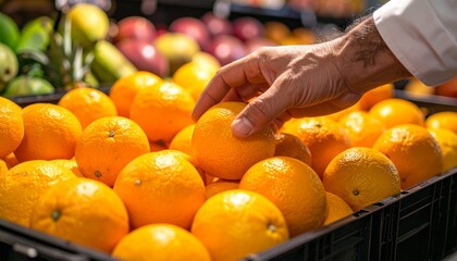 Cinematic close-up of a person selecting fresh oranges in the grocery store, captured with dramatic lighting to emphasize vibrant color, texture, and the mindful act of choosing healthy produce