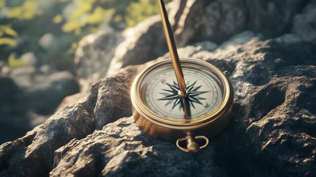 A compass needle spins to settle on a direction resting on a rocky outcrop
