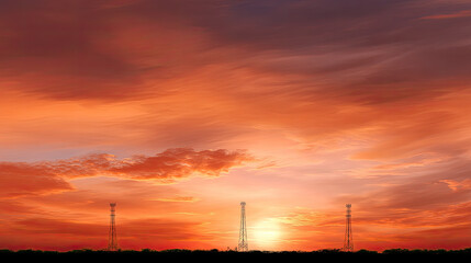 Naklejka premium Dramatic sunset with vibrant colors illuminating sky, featuring telecommunications towers silhouetted against horizon. scene evokes sense of tranquility and connection