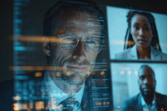A seasoned business leader appears on a video conference, framed by holographic data screens and soft blue light, conveying focus, expertise, and digital collaboration.