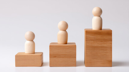Three wooden peg figures placed on wooden blocks create charming display of simplicity and elegance, showcasing natural materials and craftsmanship