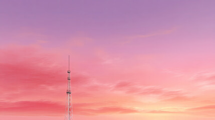 Obraz premium Tall communication tower silhouette stands against stunning pink and orange dusk sky, creating serene and captivating atmosphere. vibrant colors evoke sense of tranquility and beauty