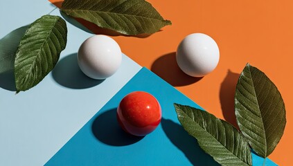 Minimalist composition of spheres and green leaves on a split background.