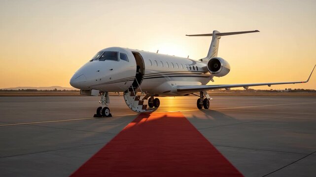 White Private Jet On Tarmac With Red Carpet At Sunset