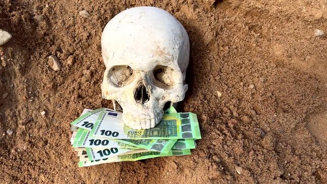 Skull with EU money as death of wealth. Human skull with euro bills in its mouth lies on ground in grave. Skeleton with euro money. Skull with euro bills money on ground on sunset. EU Dead banknotes. 