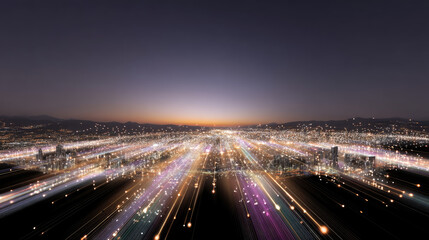 Fototapeta premium Stunning cityscape at dusk, showcasing vibrant lights and dynamic perspective that creates sense of movement and energy. skyline is illuminated with colorful lights, blending into horizon