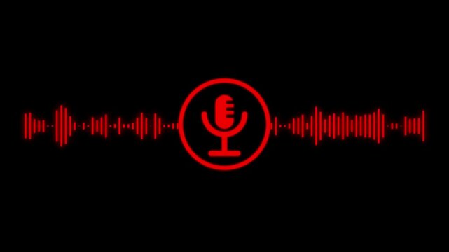 the voice recording and podcast mic red color microphone button icon animation, audio microphone icon animation. Audio microphone wife looping.Voice recording podcast mic microphone button icon .4k