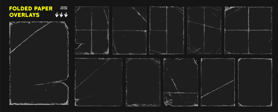 Old paper frame overlays with fold and crease effect for a vintage photo border or retro punk poster background.