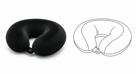 Comfortable travel neck pillow shown in black and as a line drawing for comparison.