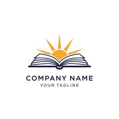 Logo design of an open book with a rising sun, symbolizing knowledge, education, and enlightenment.