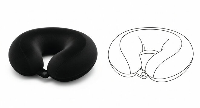 Comfortable travel neck pillow shown in black and as a line drawing for comparison.