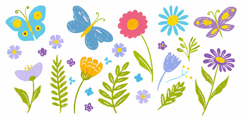 Collection of hand drawn cartoon style butterflies and wildflowers in vibrant spring colors