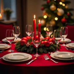 Dinner table decorated with Christmas decor with red decorations on the table