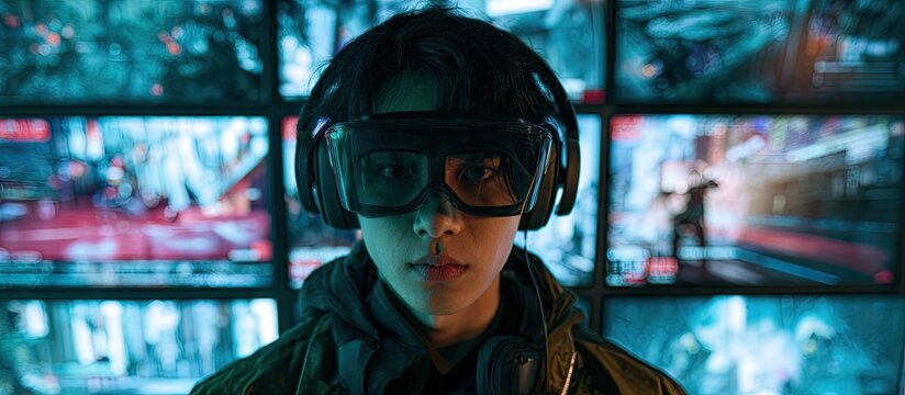Young person wearing virtual reality headset and headphones surrounded by glowing digital screens.