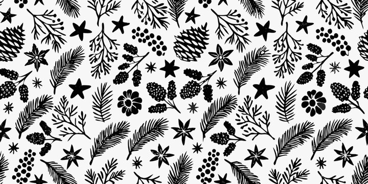Hand drawn black and white winter holiday pattern with pinecones fir branches stars and berries