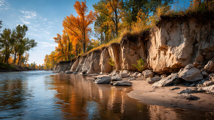 Autumn riverbank with eroding cliffs