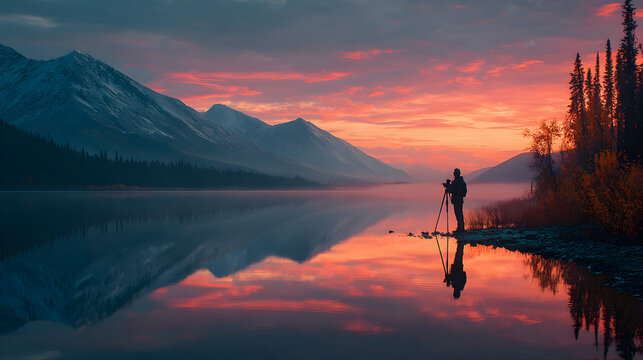 Photographer at mountain lake sunset