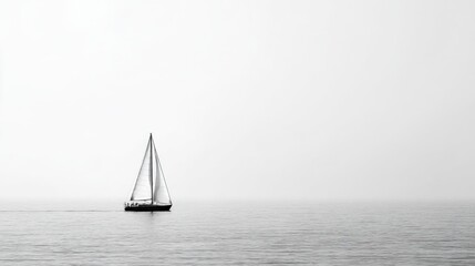 Fototapeta premium Simple ocean scene: single mast and sail in soft haze, wide airy frame.