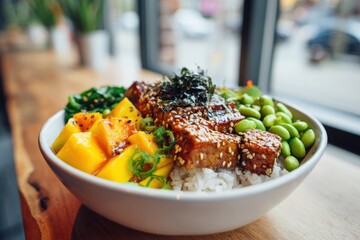 Fresh poke composition with rice, veggies and soy protein, airy restaurant pass look.
