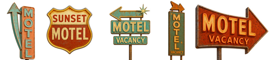 Obraz premium Collection of vintage retro motel vacancy signs isolated on transparent background, weathered metal textures with bold typography and arrow designs, nostalgic roadside Americana style for graphic temp