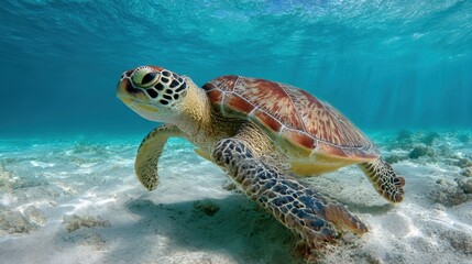 Obraz premium Marine conservation view: sea turtle cruising across sandy reef in clarity.
