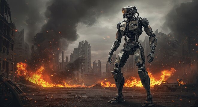 Futuristic robot stands guard amidst fire and ruins in a dystopian cityscape