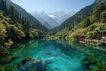 Crystal Clear Mountain Lake with Forest Reflections and Snow Peaks - Digital Wallpaper and Nature-Themed Decor