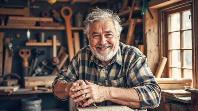Joyful senior woodworker smiles genuinely, posing happily in his rustic home workshop, conveying wisdom and passion for his craft.