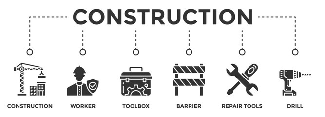 Construction web banner icon vector illustration concept consists of Construction, Worker, Toolbox, Barrier, Repair Tools, Drill icon live stroke and easy to edit