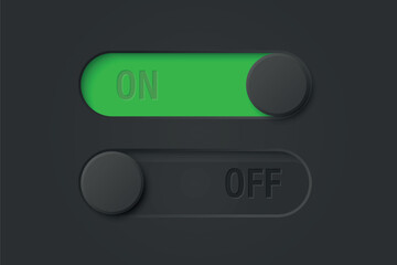 Vector Black Toggle Switch Set on Black Background. Realistic Toggle Switch. On Off Button, Modern Toggle Switch for User Interface, App, Web, Settings, Technology. UI Element, Control Panel