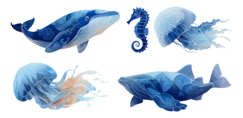 Beautiful Marine Life Illustrations Featuring Whale, Seahorse, Jellyfish, and Fish