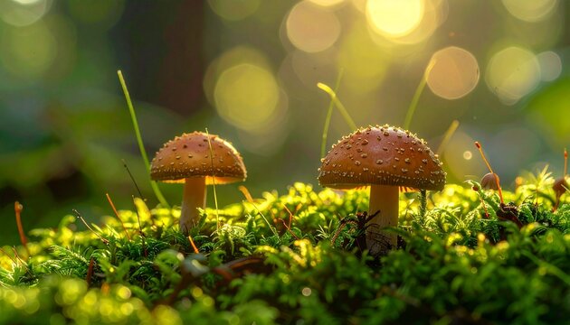 A macro ultra hyper realistic close-up of a tiny mushroom in a field of green moss. - Powered by Adobe