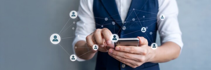 Modern professional connects digitally with global network on smartphone, visualizing data and communication flow for business growth and collaboration.