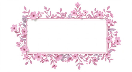 Elegant rectangular frame beautifully decorated with soft pink watercolor style flowers, blossoms, and leaves. A delicate botanical vector border for invitations and special occasions