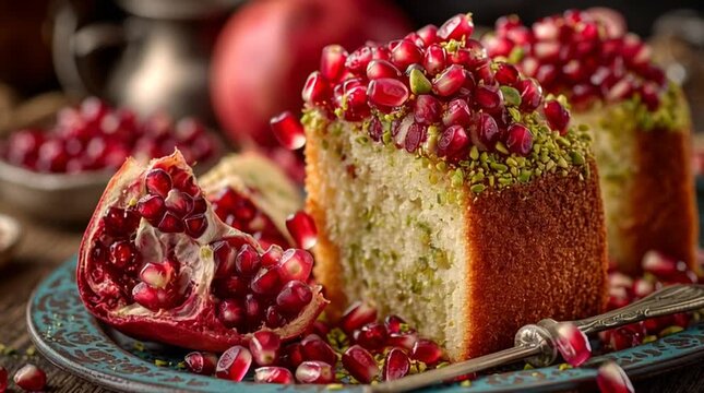 Close up of cake with pomegranate seeds and pistachios on a blue plate with a silver fork near it