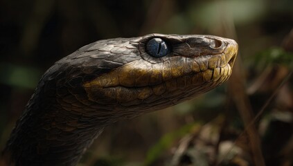 Obraz premium Close up profile of a venomous snake head with striking blue eyes in natural habitat.