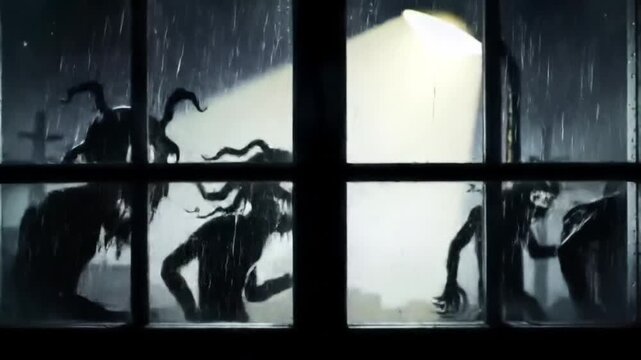 Spooky creatures silhouetted outside a rainy window Horror with urban night scene.