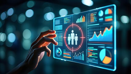 Futuristic interface showing customer data analytics and AI-driven target audience identification. Ideal for marketing, CRM, and business intelligence concepts.